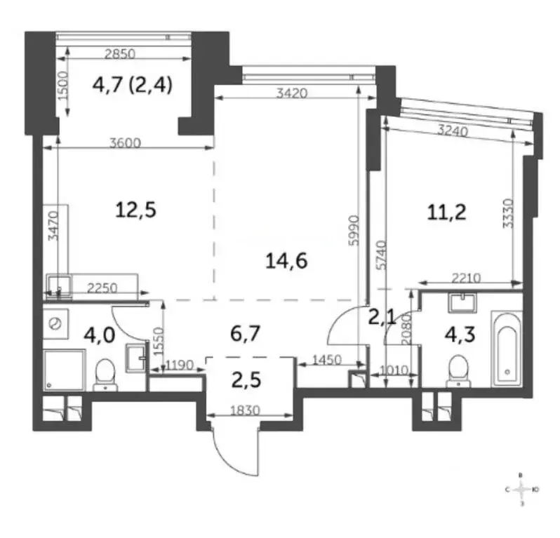 2-комн. квартира 60. 3 м2 - Фото 1