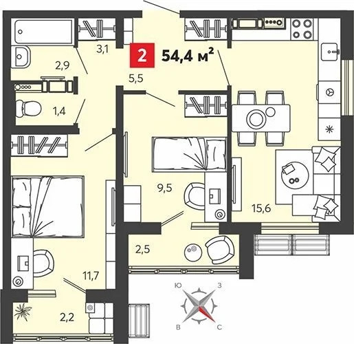 Продается квартира, 54.4 м - Фото 1