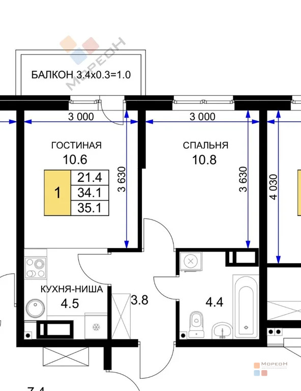 1-я квартира, 33.10 кв.м, 2/16 этаж, Энка, ул имени Героя Ростовского, ... - Фото 8