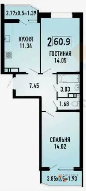 2-я квартира, 60.90 кв.м, 9/24 этаж, ККБ, Героя Николая Шевелёва ул, ... - Фото 15