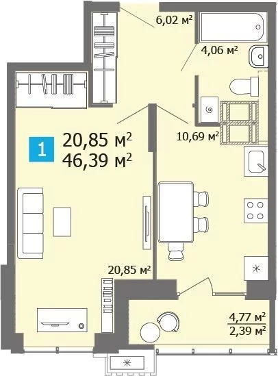 Продается квартира, 46.39 м - Фото 3