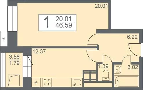 Продается квартира, 46.59 м - Фото 2