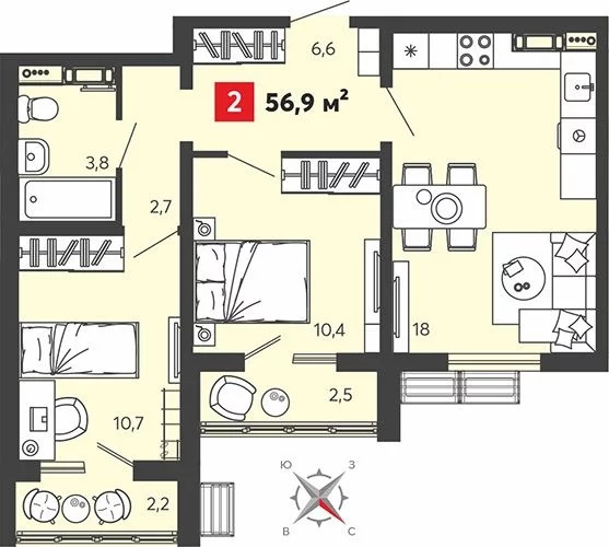 Продается квартира, 56.9 м - Фото 1