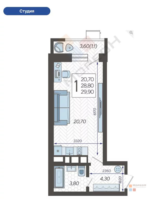 1-я квартира, 29.90 кв.м, 6/12 этаж, Энка, ярославская ул, 6399000.00 . - Фото 5