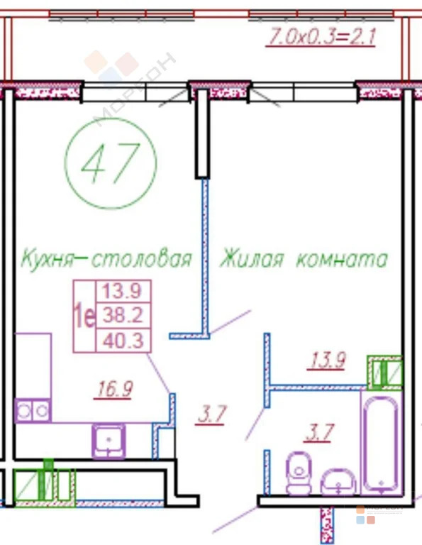 1-я квартира, 38.60 кв.м, 6/12 этаж, Энка, Ярославская ул, 5650000.00 ... - Фото 15