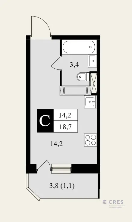 ЖК "Школьный" квартира-студия, 18,7 м, 7/17 эт. - Фото 1