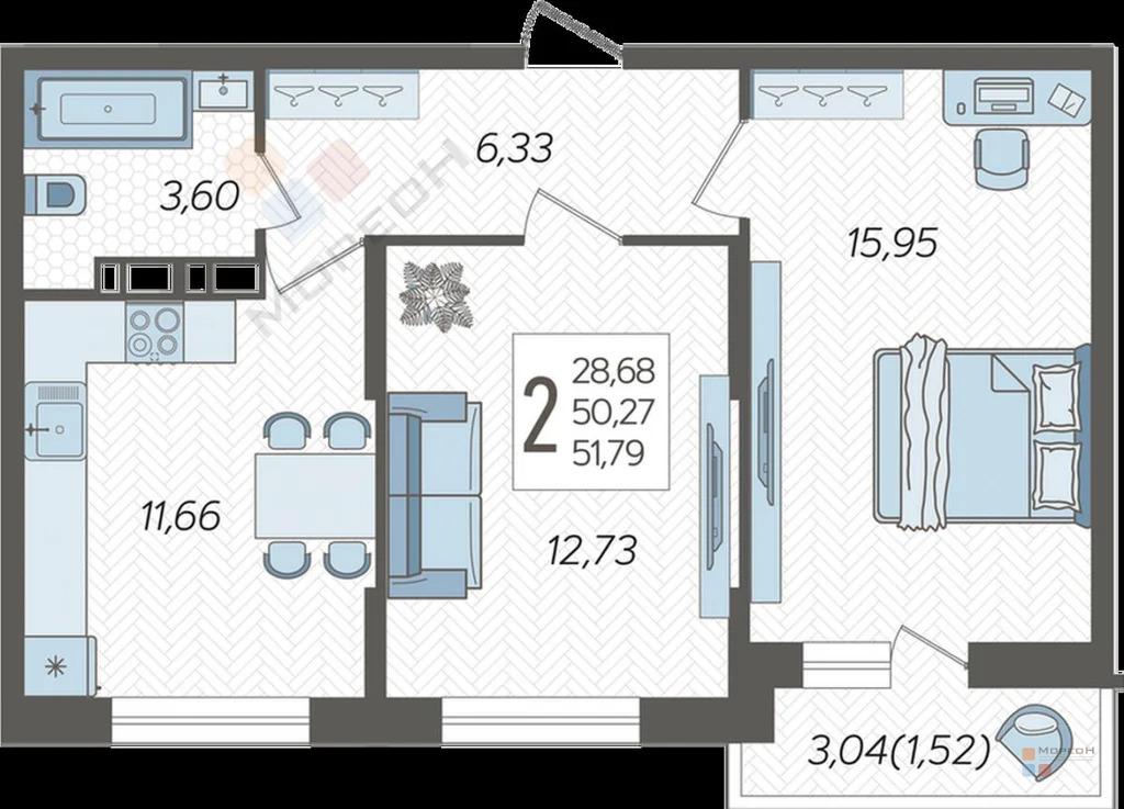 2-я квартира, 51.70 кв.м, 3/16 этаж, Новознаменский, Владимира ... - Фото 11