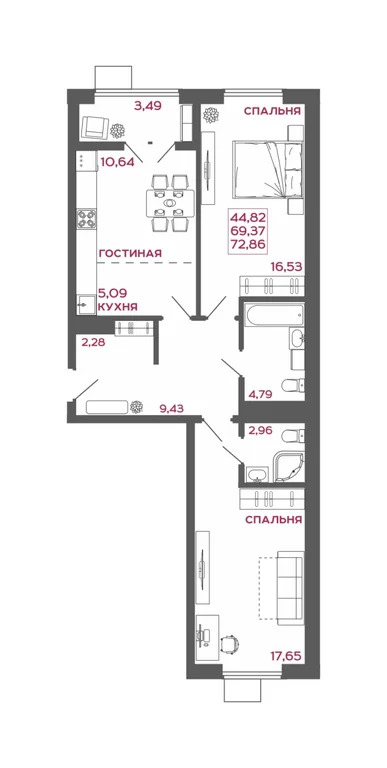 Продается квартира, 72.86 м - Фото 1