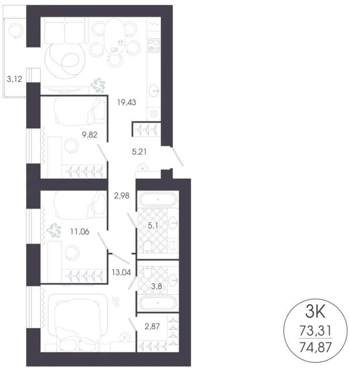 Продается квартира, 74.87 м - Фото 2