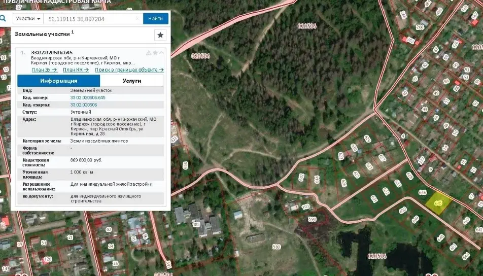 Публичная кадастровая карта владимирской области киржачский район деревня красный огорок