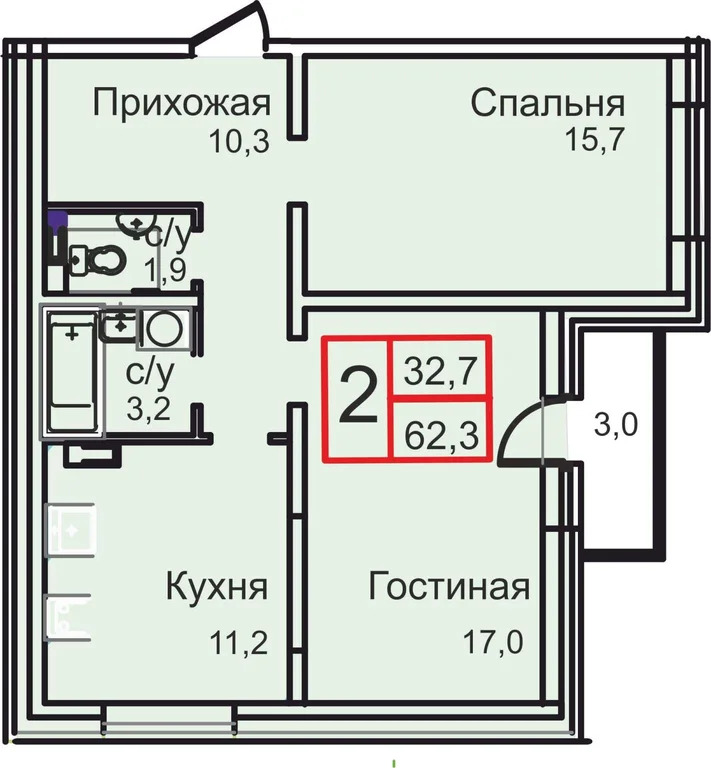 Продам 2-комн. квартиру 62.3 кв.м. - Фото 2