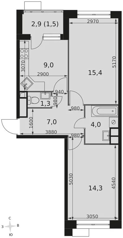 Продам 2-комн. квартиру 52.4 кв.м. - Фото 3