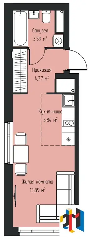 Квартира-студия, 25,7 м2, 26/28 эт. - Фото 1