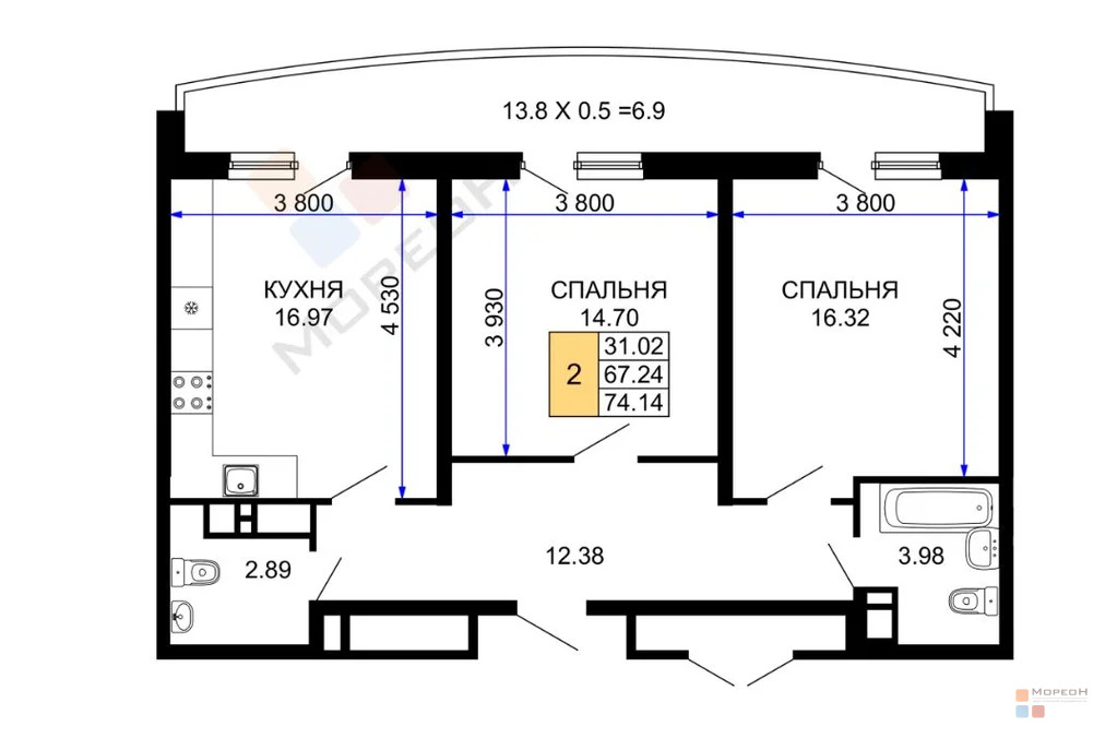 2-я квартира, 74.10 кв.м, 19/24 этаж, Метальникова, Петра Метальникова ... - Фото 5