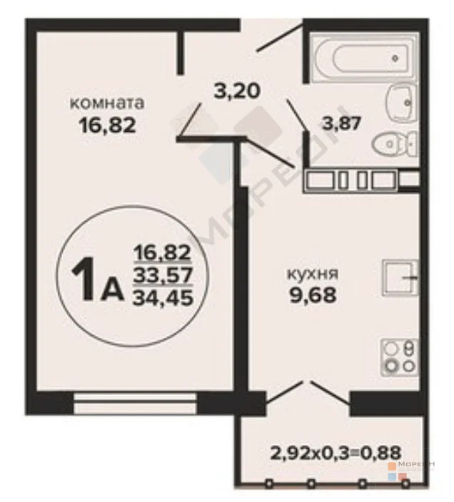 1-я квартира, 34.45 кв.м, 22/24 этаж, РИП, Российская ул, 4850000.00 ... - Фото 6