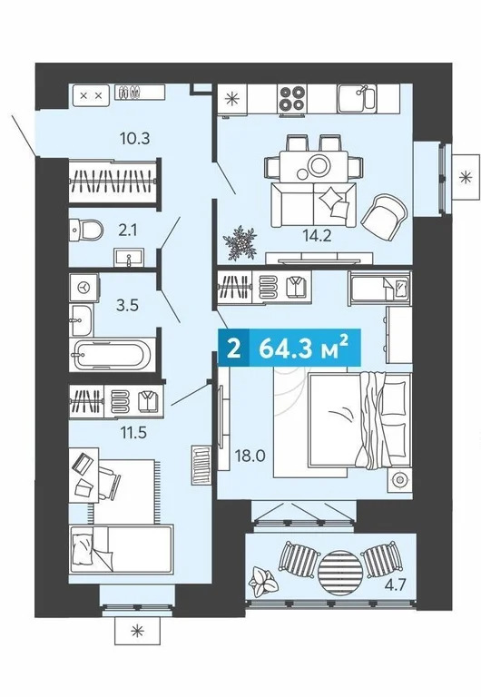 Продается квартира, 64.3 м - Фото 2