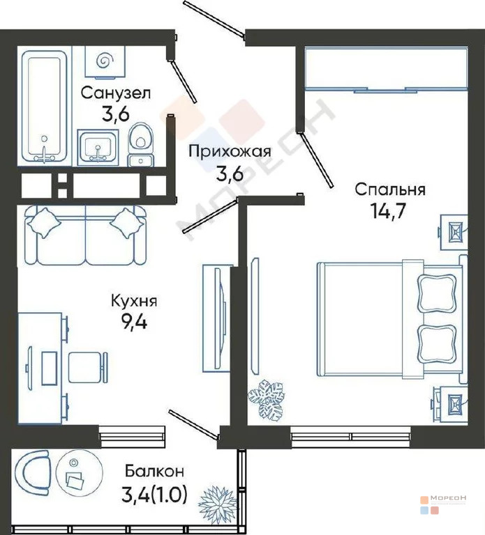 1-я квартира, 32.30 кв.м, 14/22 этаж, , Кунникова, 5100000. - Фото 1