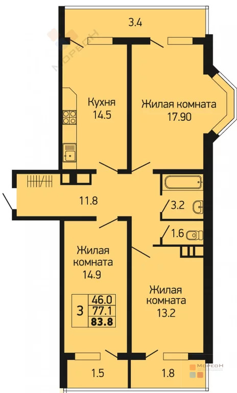 3-я квартира, 83.80 кв.м, 12/24 этаж, ККБ, Героя Георгия Бочарникова ... - Фото 15
