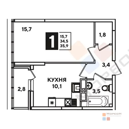 1-я квартира, 33.70 кв.м, 16/16 этаж, Западный обход, Западный Обход ... - Фото 10