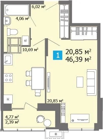 Продается квартира, 46.39 м - Фото 1