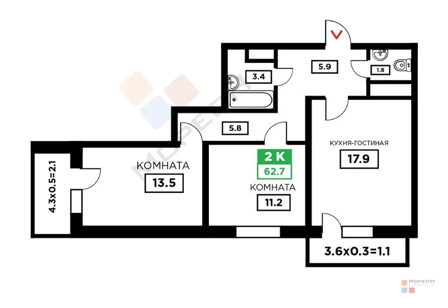 2-я квартира, 62.70 кв.м, 3/24 этаж, ККБ, Домбайская ул, 7500000.00 ... - Фото 14