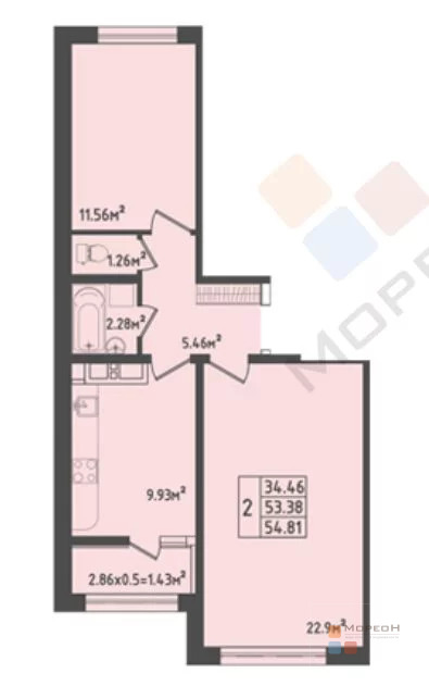 2-я квартира, 55.30 кв.м, 16/16 этаж, , Береговая ул, 5250000.00 . - Фото 10