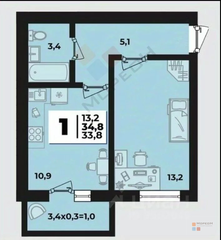1-я квартира, 33.40 кв.м, 4/4 этаж, , Тургеневское ш ул, 2250000.00 ... - Фото 5