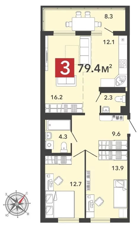 Продается квартира, 85.4 м - Фото 9