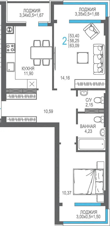 Продается 2-комн. квартира 63.09 м2 в новостройке - Фото 1