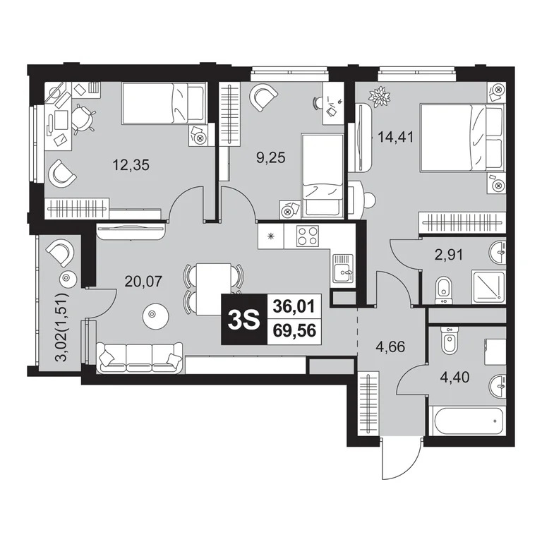 Продается квартира, 69.58 м - Фото 1