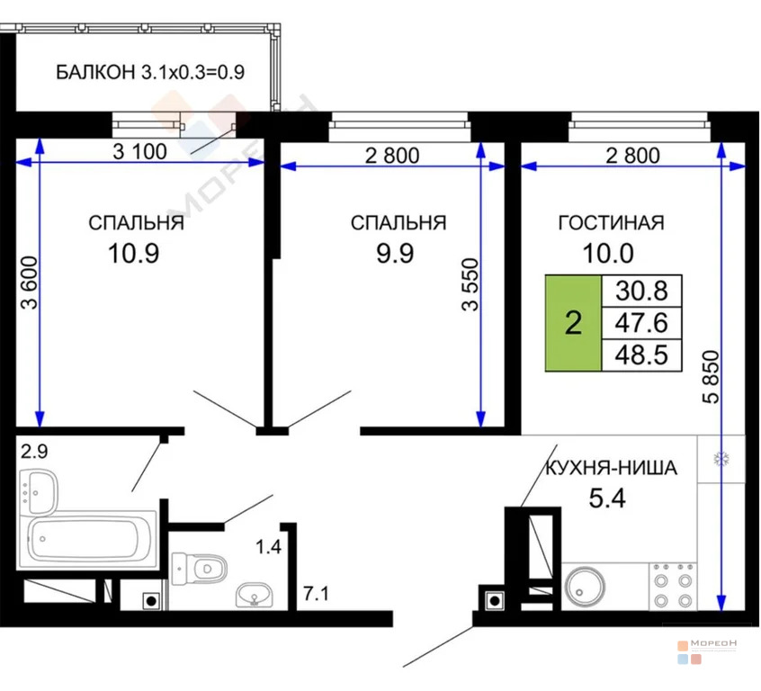 2-я квартира, 50.00 кв.м, 9/24 этаж, ККБ, Домбайская ул, 5800000.00 ... - Фото 13