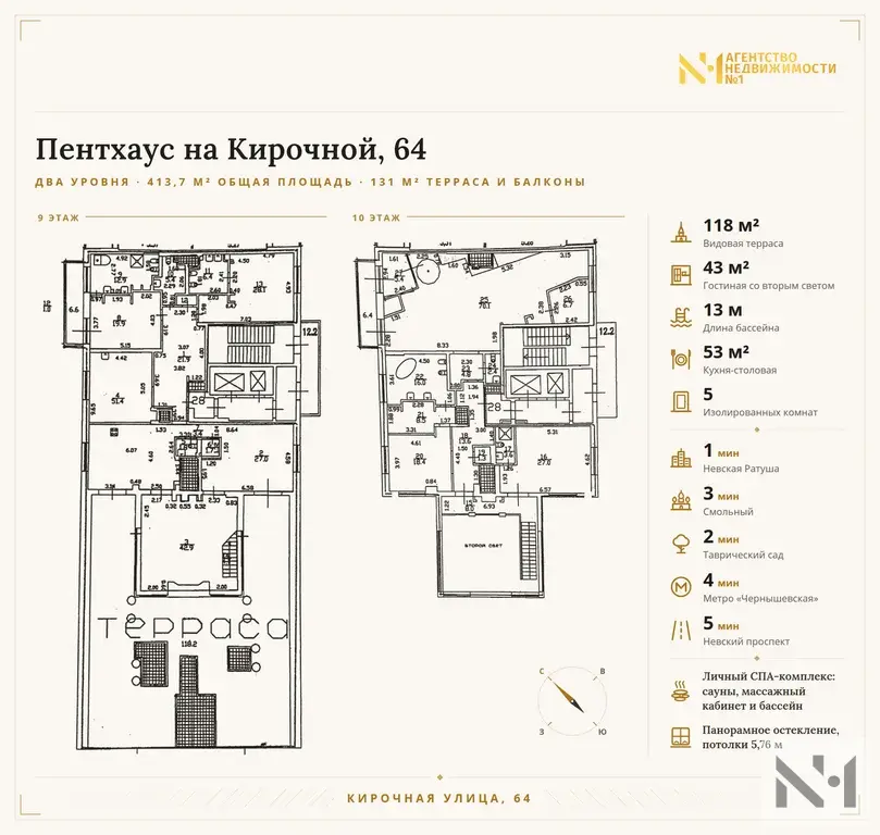 Пентхаус 413,7 м2 терраса 118 м2, бассейн 13 м, потолки 5,76 - Фото 1