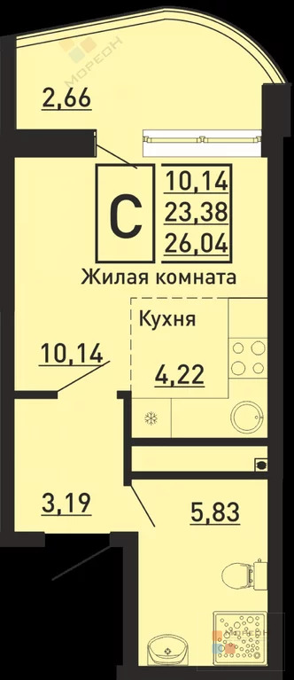 1-я квартира, 26.04 кв.м, 10/16 этаж, , Солнечная ул, 7500000.00 . - Фото 5