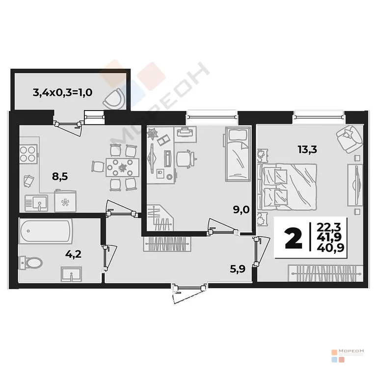 2-я квартира, 40.90 кв.м, 4/5 этаж, , Тургеневское шоссе ул, ... - Фото 15