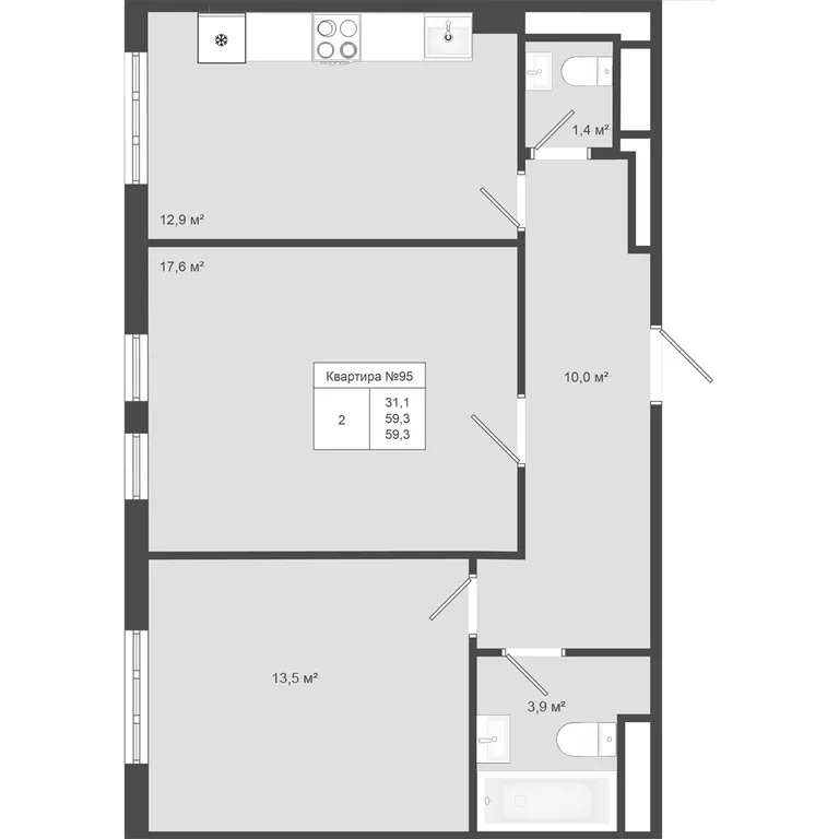Продам 2-комн. квартиру 59.3 кв.м. - Фото 2