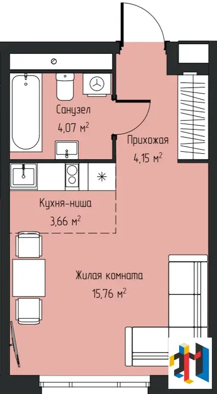 Квартира-студия, 27,6 м2, 19/28 эт. - Фото 1