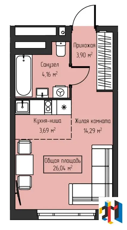 Квартира-студия, 26 м2;, 9/28 эт. - Фото 0