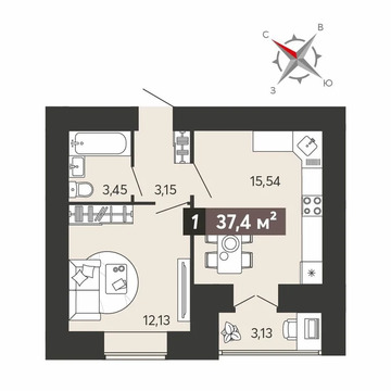 Продается квартира, 37.4 м