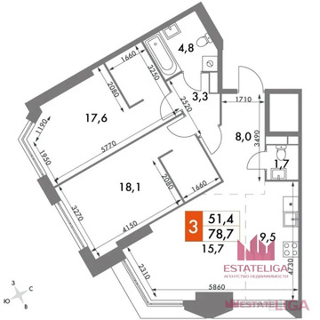 3-комнатная квартира, 79 кв.м.