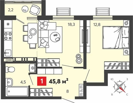 Продается квартира, 45.8 м