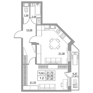 Продам 1-комн. квартиру 59.2 кв.м.