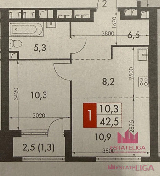 1-комнатная квартира, 43 кв.м.