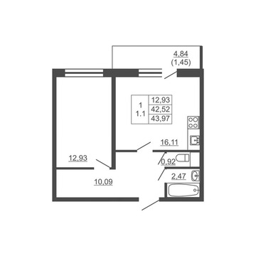Продам 1-комн. квартиру 43.97 кв.м.
