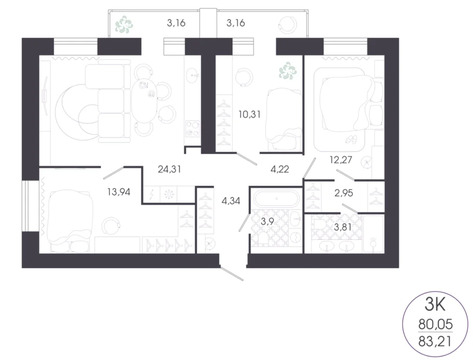 Продается квартира, 83.21 м