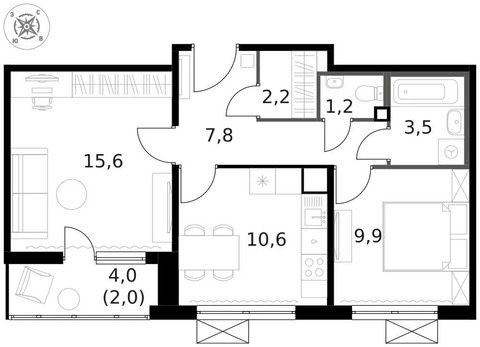 Продам 2-комн. квартиру 53.2 кв.м.