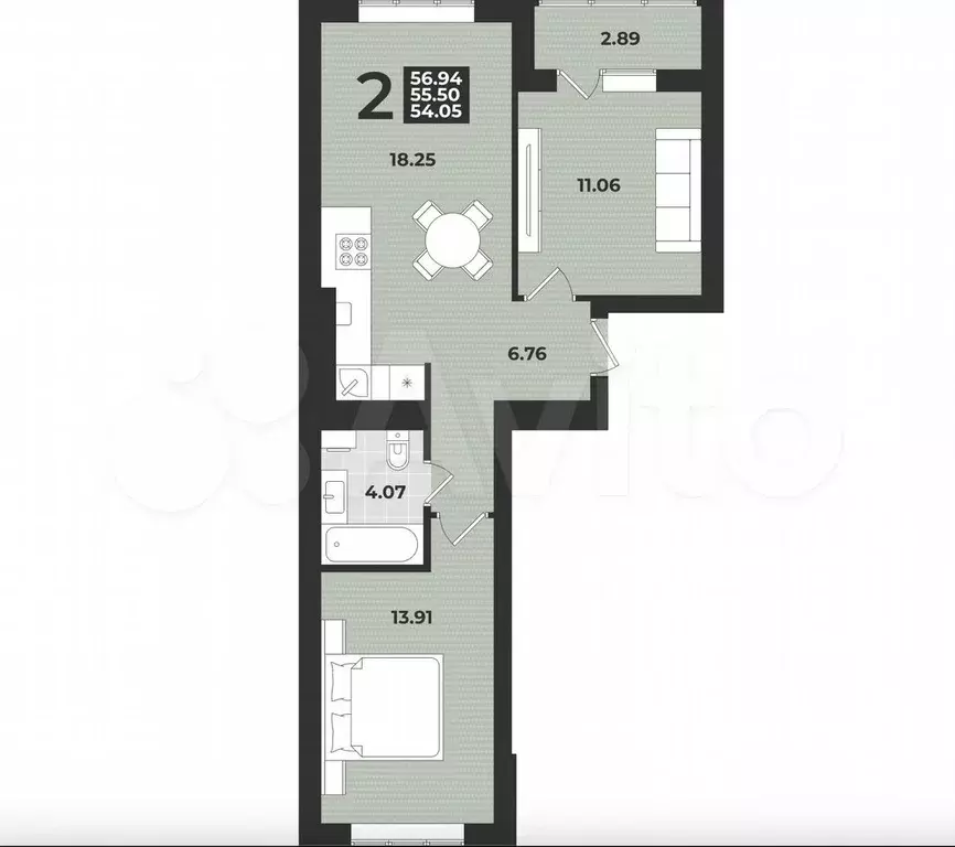 2-к. квартира, 56,9 м, 5/9 эт. - Фото 1