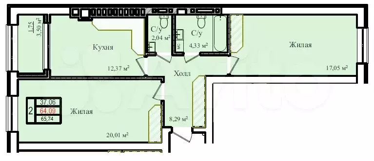 2-к. квартира, 65,7 м, 1/9 эт. - Фото 1