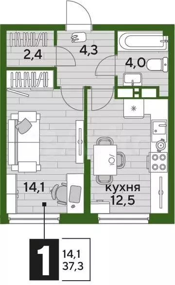 1-к. квартира, 37,3 м, 10/16 эт. - Фото 1