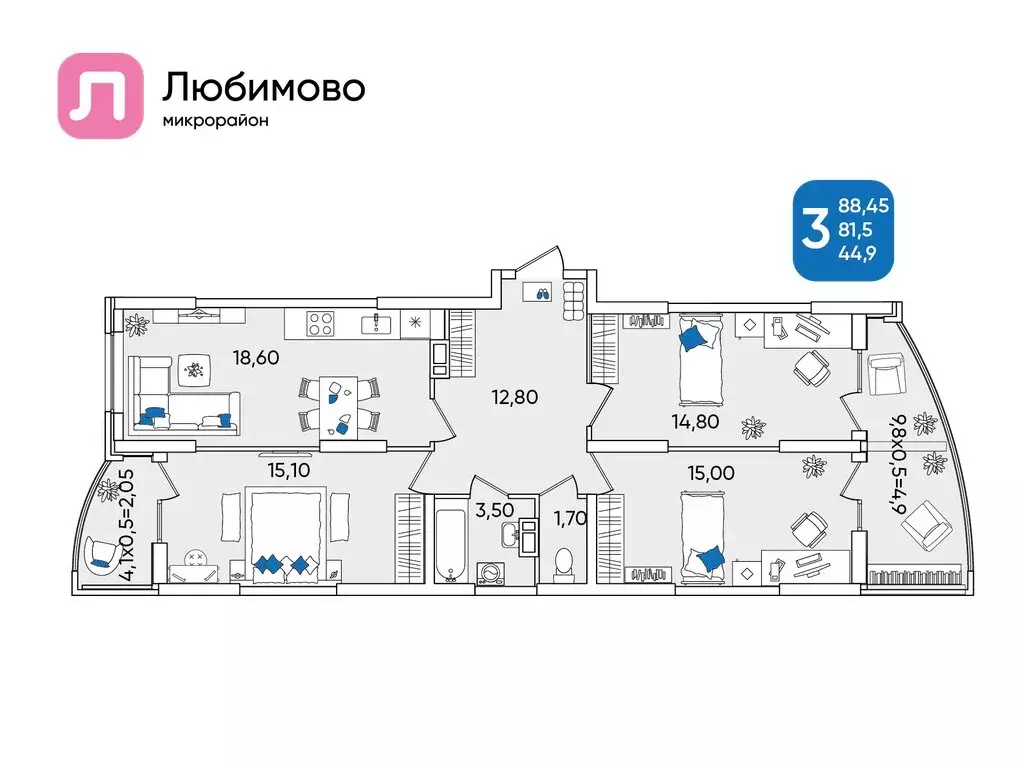 3-комнатная квартира: Краснодар, Батуринская улица, 10 (88.45 м) - Фото 0