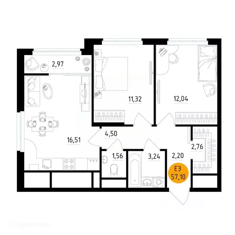 2-к кв. Рязанская область, Рязань ул. Земнухова, 2 (57.1 м) - Фото 0